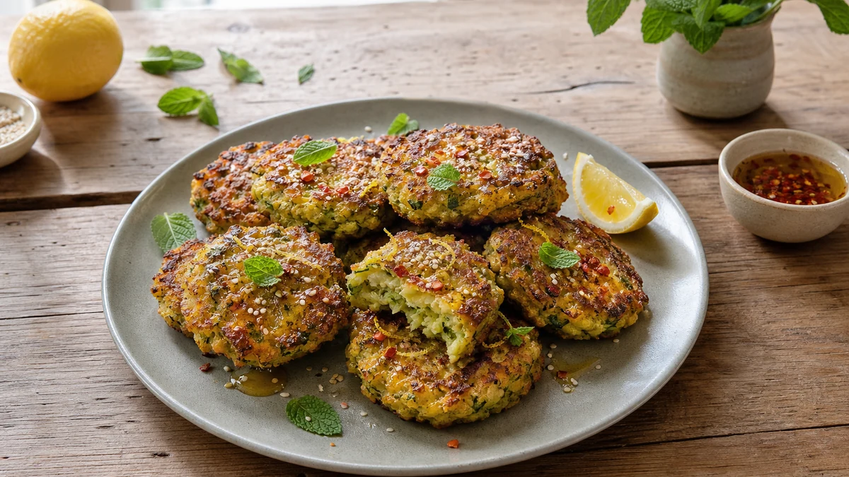 Gyllene zucchini- och halloumibiffar med sesam, mynta och en tunn strimma chilihonung