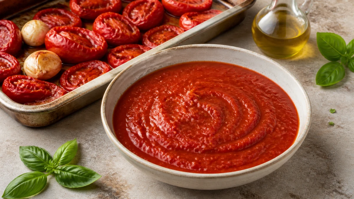 Skål med slät röd tomatsås omgiven av ugnsrostade tomater, vitlök och basilika