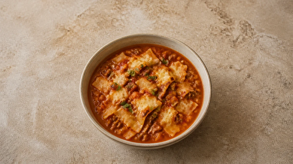 Lasagnesoppa med nötfärs, pastabitar och gyllene mascarpone- och parmesantäcke