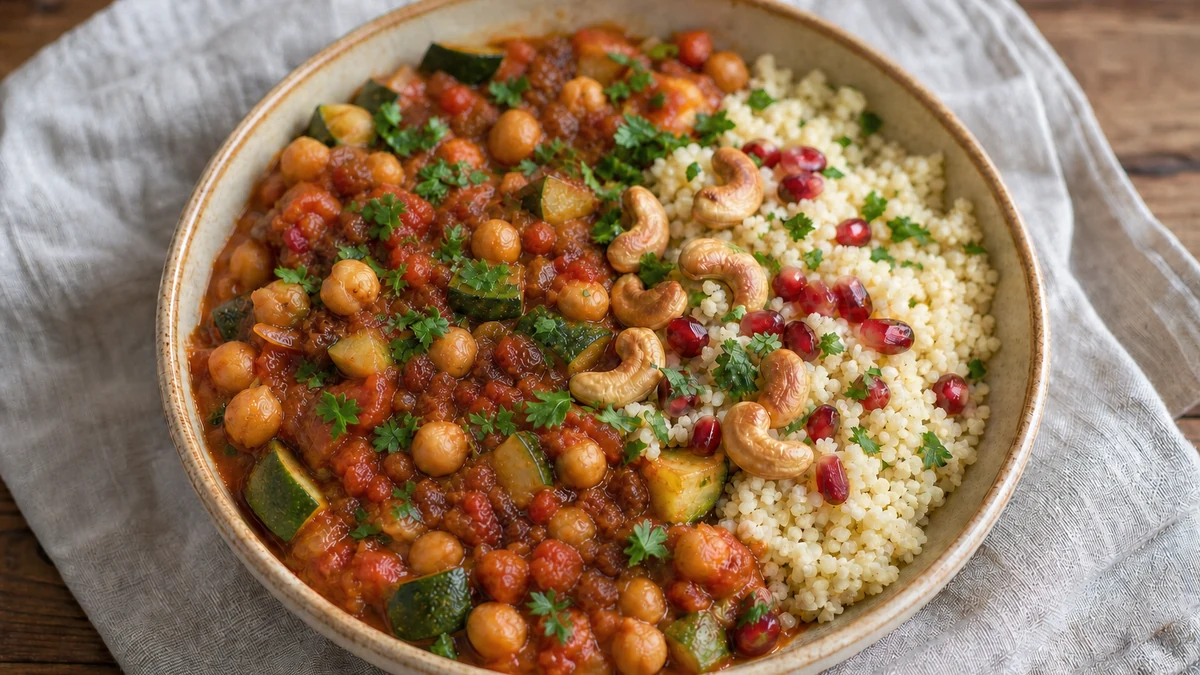 Kikärtsgryta med squash och tomat, serverad med couscous, cashewnötter, persilja och granatäppelkärnor