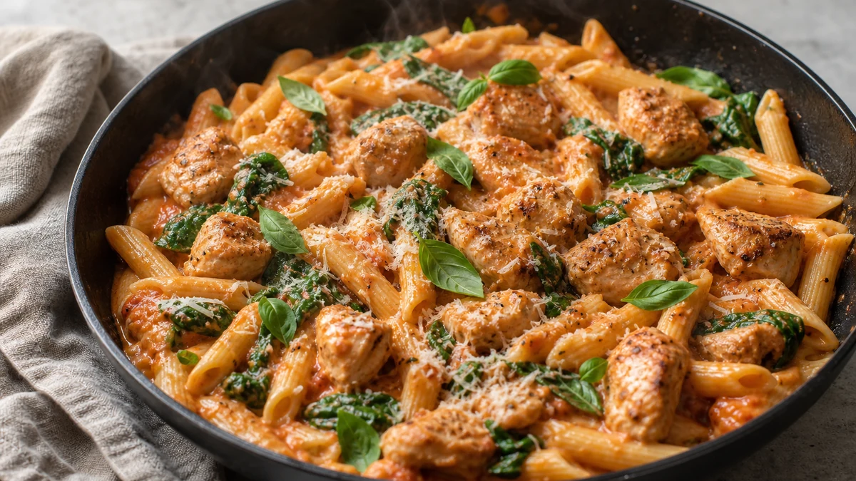 Krämig penne med brynt kyckling, tomat, spenat, parmesan och basilika i en vid panna