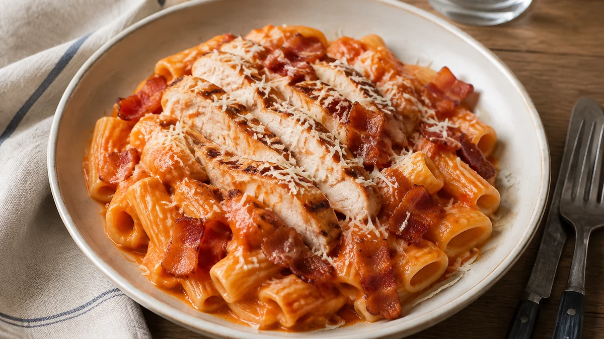 Rigatoni i krämig tomatsås med grillad kyckling, knaprigt bacon och riven parmesan