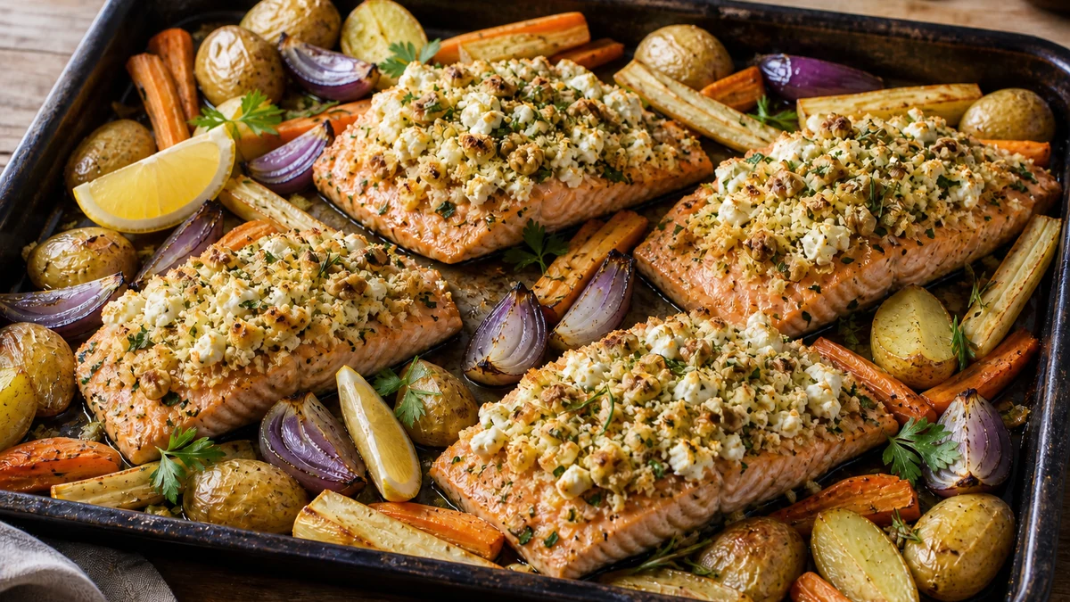 Ugnsbakad lax med gyllene chèvre- och valnötstäcke, potatis och rostade grönsaker