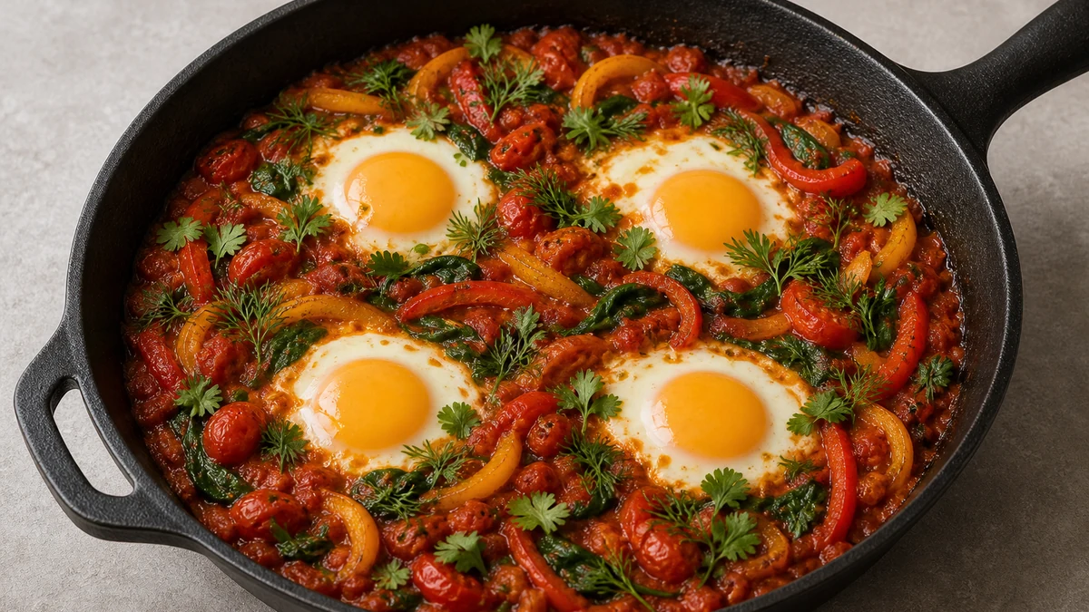Shakshuka i mörk panna med ägg, röd och gul paprika, spenat, koriander och dill