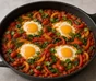 Shakshuka i mörk panna med ägg, röd och gul paprika, spenat, koriander och dill