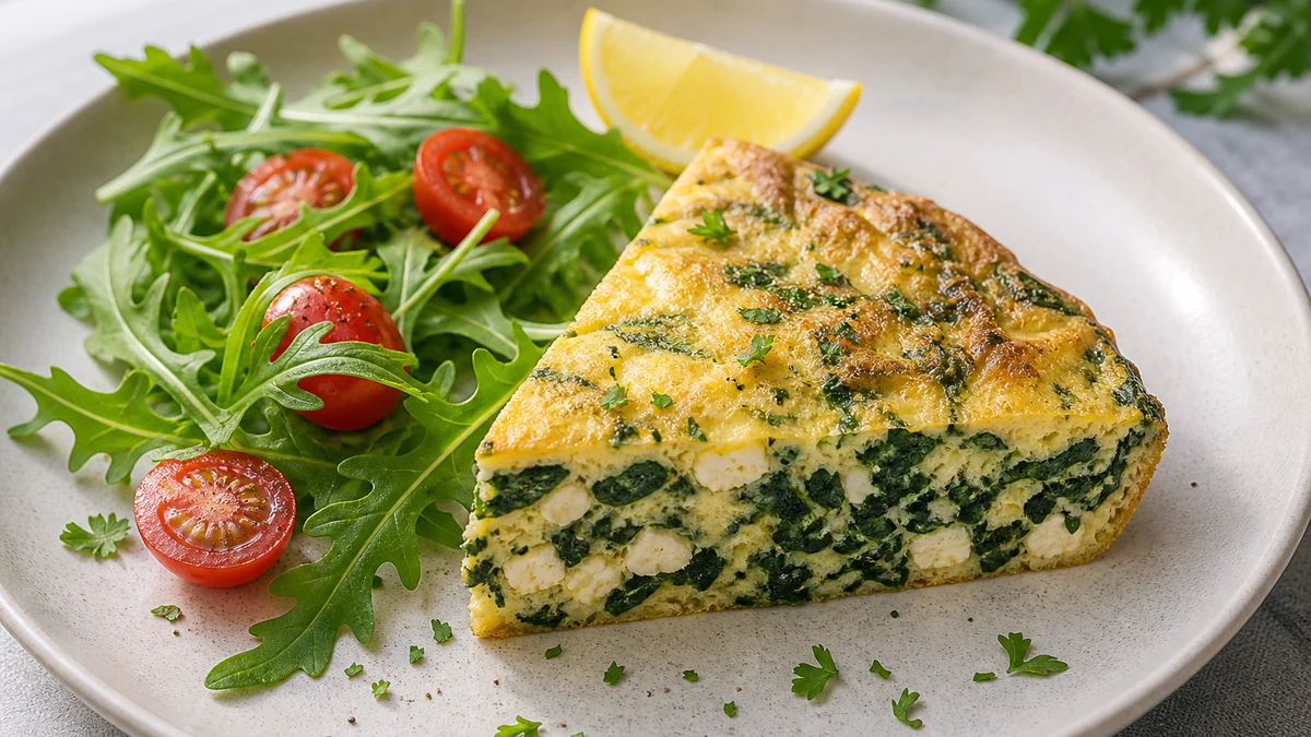 Skuren spenatfrittata med smulad feta samt rucola, körsbärstomater och kruspersilja