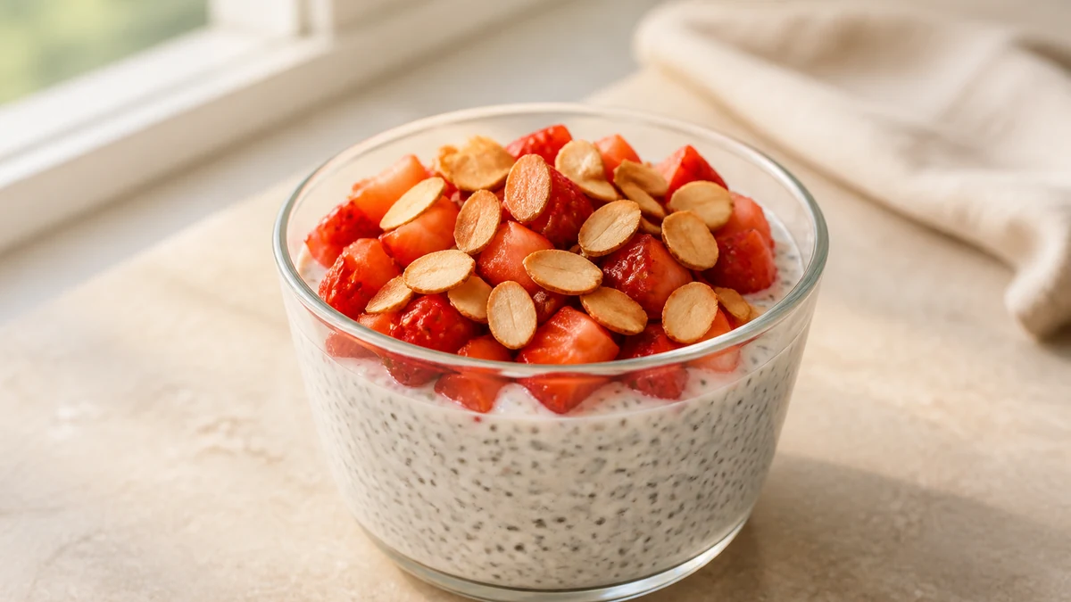 Chia- och yoghurtpudding i ett glas med hackade jordgubbar och rostade mandelspån