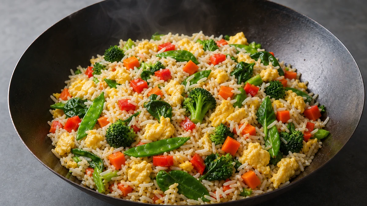 Mörk panna med stekt ris, äggbitar, spenat, broccoli, röd paprika, morot och sockerärter